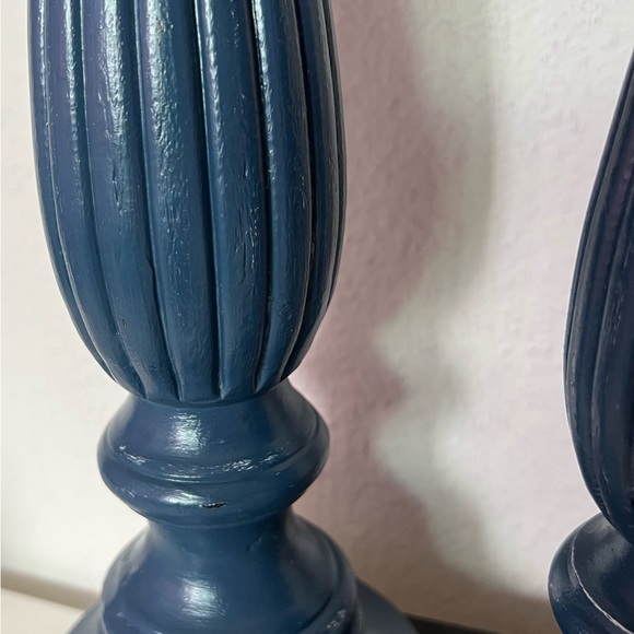 2 Blue Wooden Hand Painted Candle Holder Set Home Decor Rustic Modern Custom Mad - Picture 10 of 13